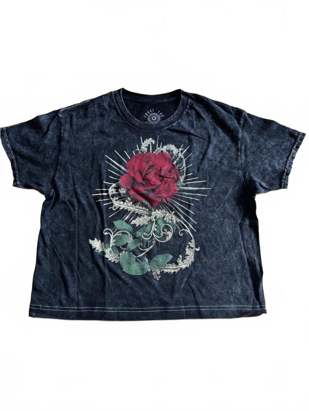 Trust Life Faded Black Boxy Graphic Rose T-Shirt
